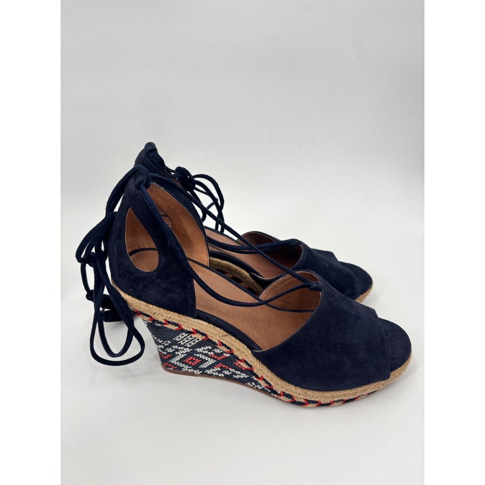 Cabi Espadrille Wedge Sandals Womens 7.5M Navy Blue Suede Lace Up Boho 5310